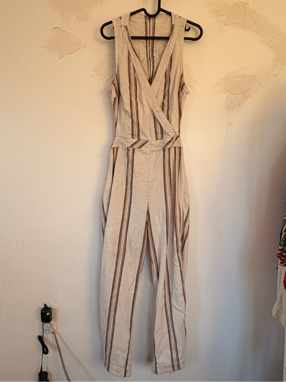 Free People Cream and Brown Striped Sleeveless Jumpsuit